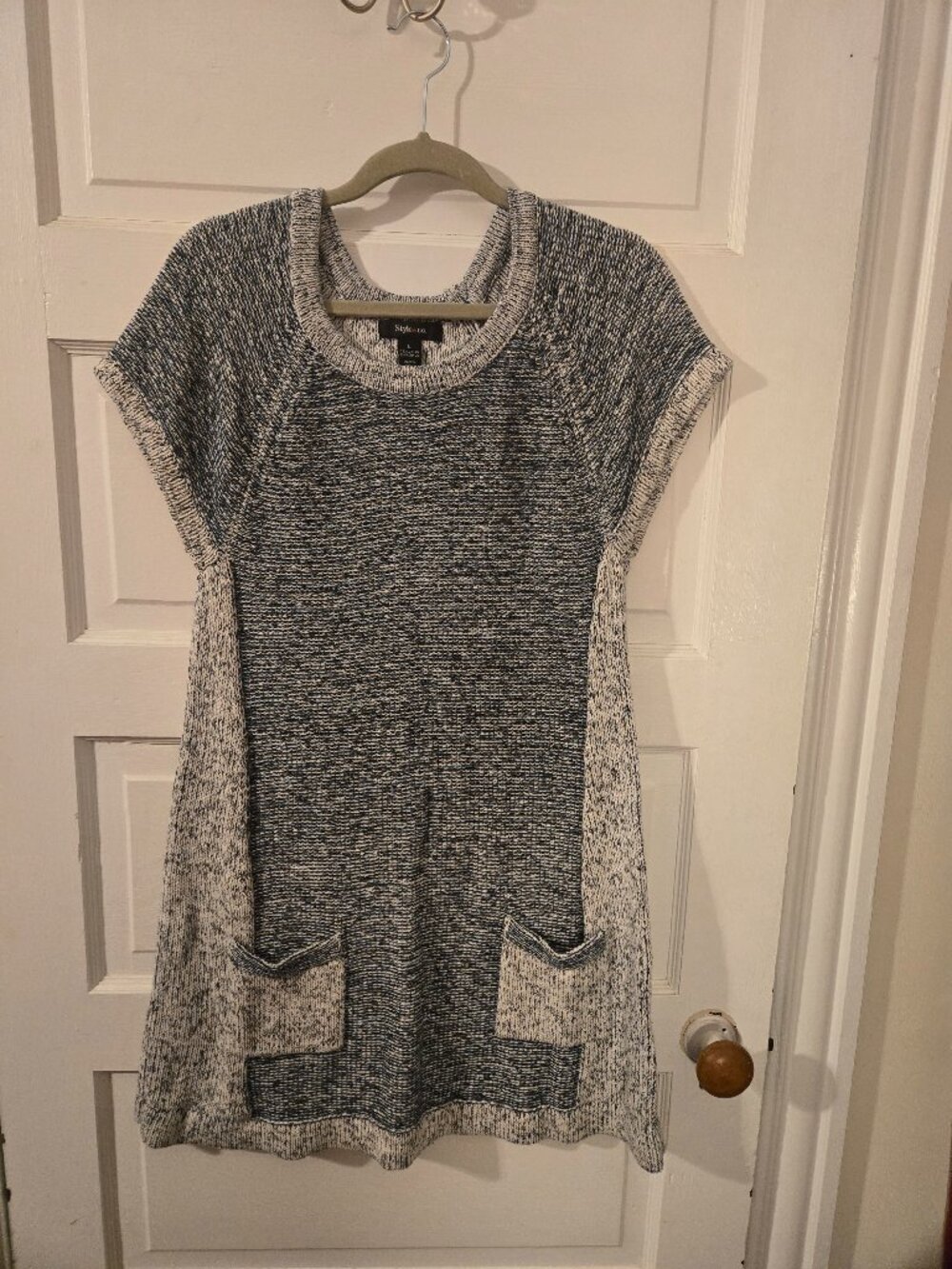 Style & Co. Blue & White Marled Knit Short Sleeve Tunic Dress - Size L